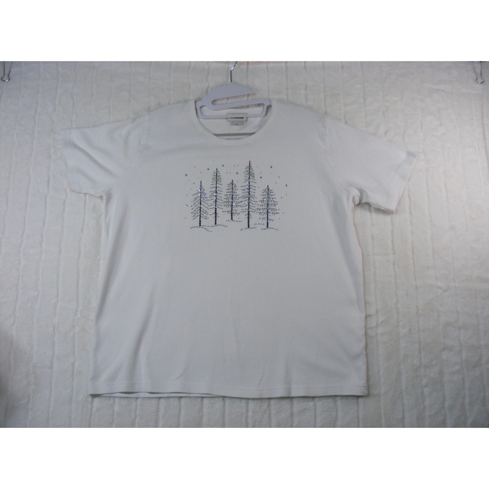 Distinct Graphic Tee Womens XL White Excellent Rhinestone Christmas Trees 1003